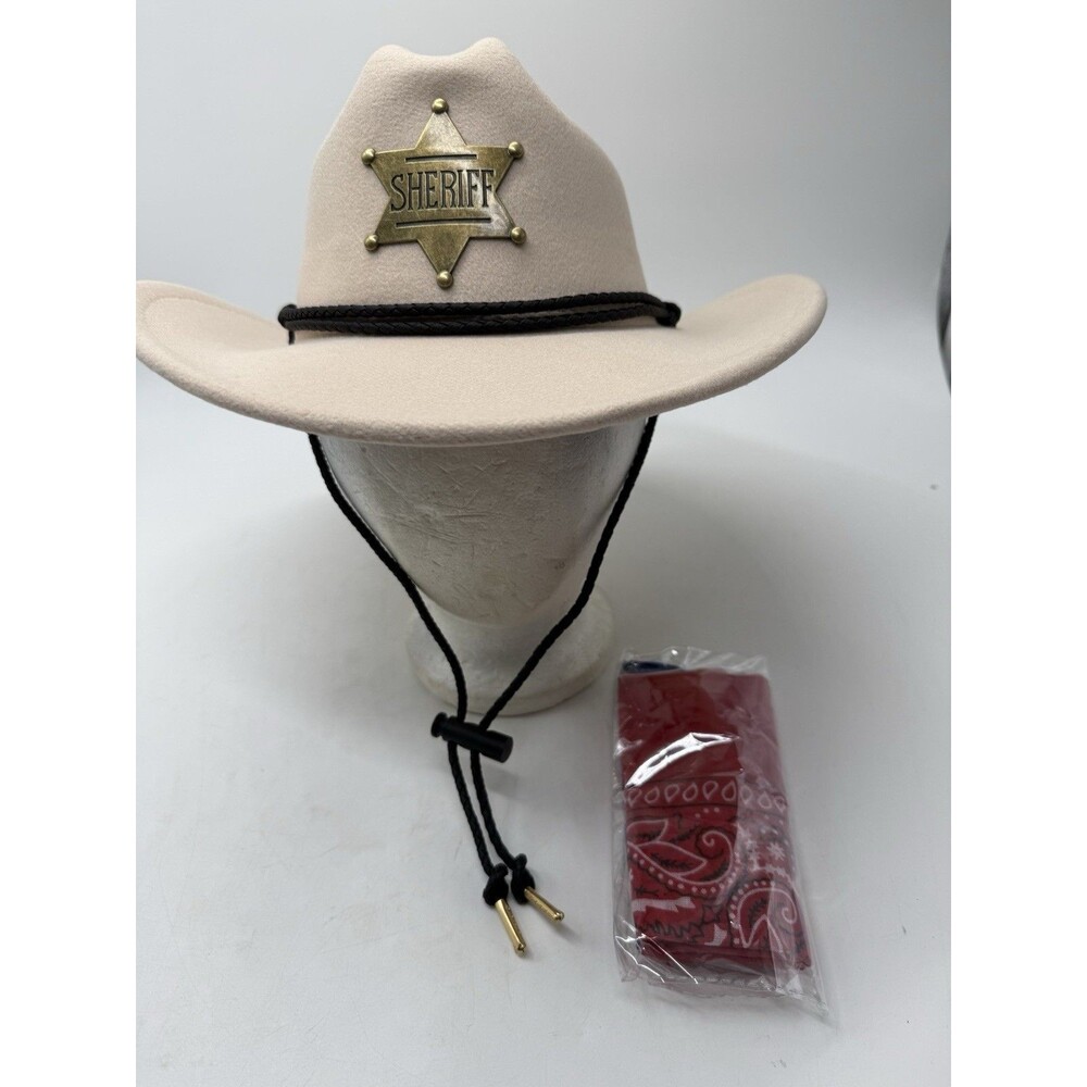 Beige 35% Wool Felt Sheriff Cowboy Hat w Gold Metal Tipped Chin Strap Adjustable